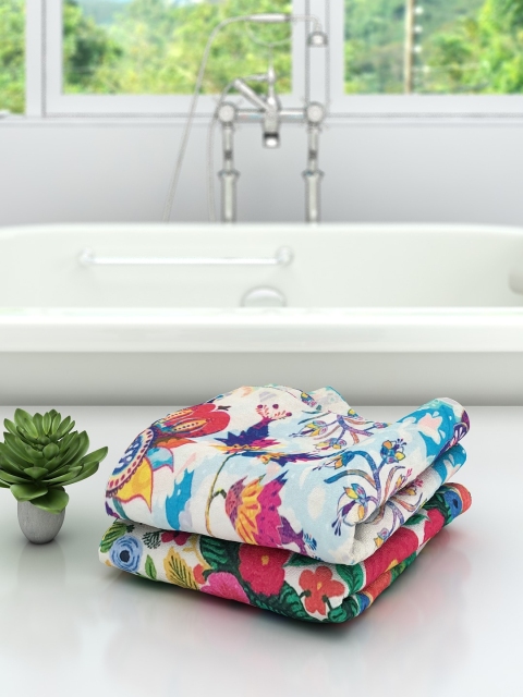 

Athom Trendz Pack Of 2 White & Red Floral Print 300 GSM Bath Towels