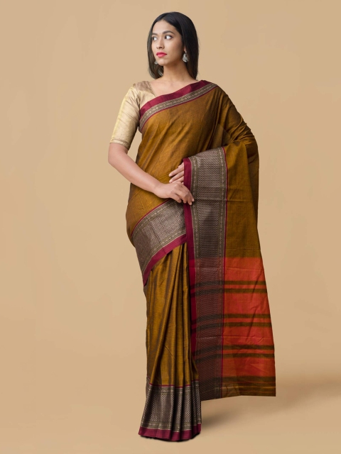

Unnati Silks Brown & Yellow Pure Cotton Striped Narayan Peth Saree