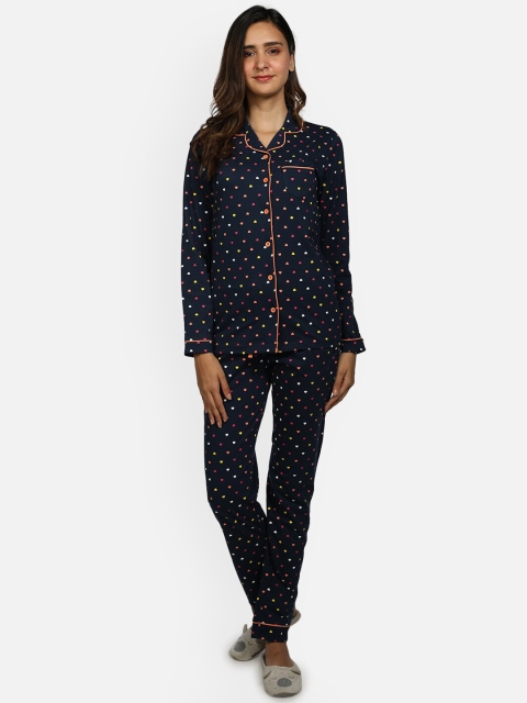 

Nite Flite Women Navy Blue & Pink Heart Printed Night Suit