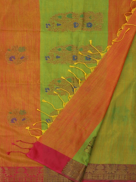 

Pothys Orange & Green Jute Silk Woven Design Saree