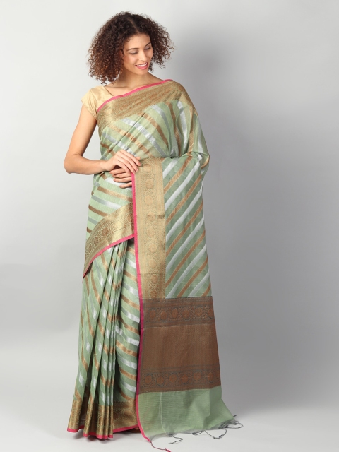 

EthnicRoom Green Silk Cotton Striped Banarasi Saree