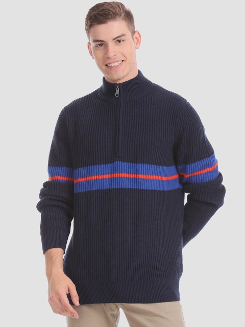 

GAP Men Blue Striped Pullover Sweater