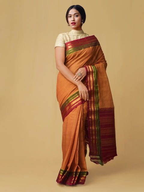 

Unnati Silks Orange & Pink Silk Cotton Checked Saree
