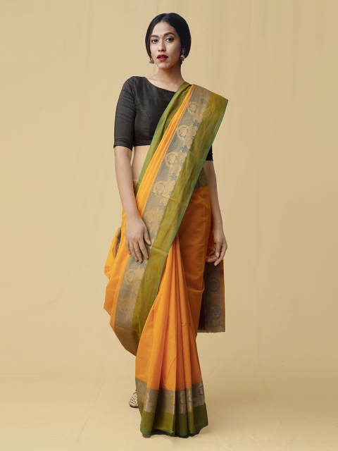 

Unnati Silks Orange & Green Pure Cotton Woven Design Kanjeevaram Saree