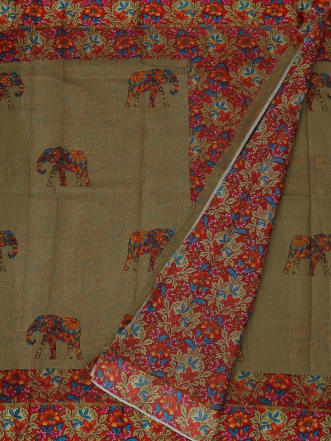 

Pothys Olive Green & Red Jute Silk Printed Saree