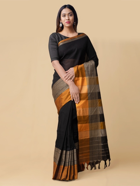 

Unnati Silks Black Pure Cotton Solid Handloom Narayan Peth Saree