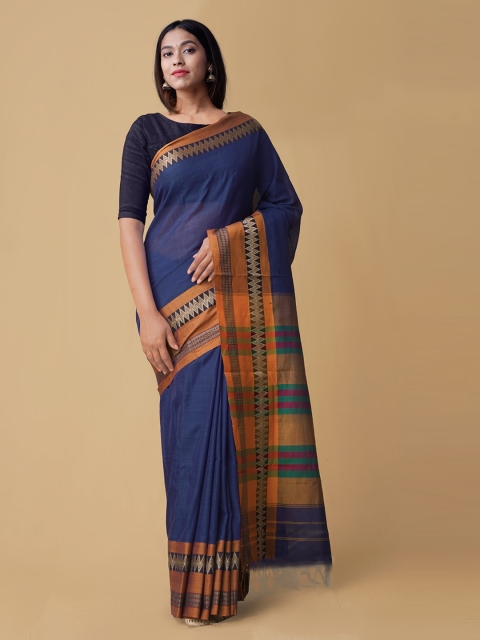 

Unnati Silks Blue Pure Cotton Solid Narayan Peth Saree