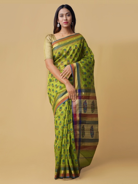

Unnati Silks Green & Blue Silk Cotton Printed Maheshwari Saree