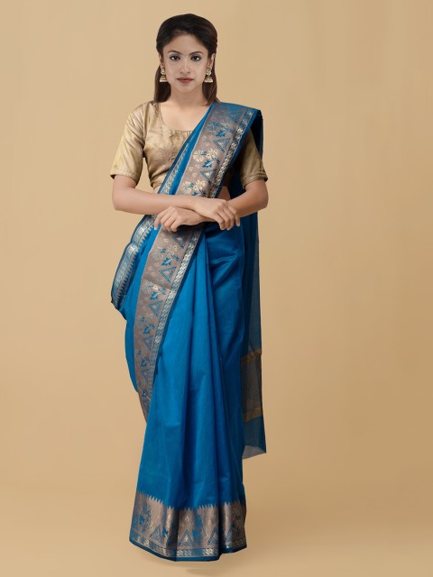 

Unnati Silks Blue & Brown Silk Cotton Woven Design Kanjeevaram Saree