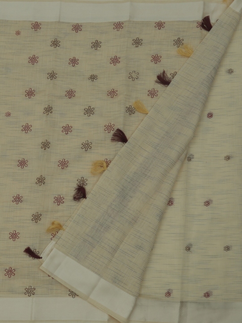 

Pothys Cream-Coloured & Brown Cotton Blend Embroidered Saree