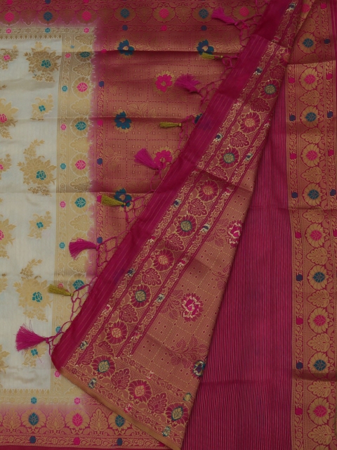 

Pothys Cream-Coloured & Pink Jute Silk Woven Design Saree