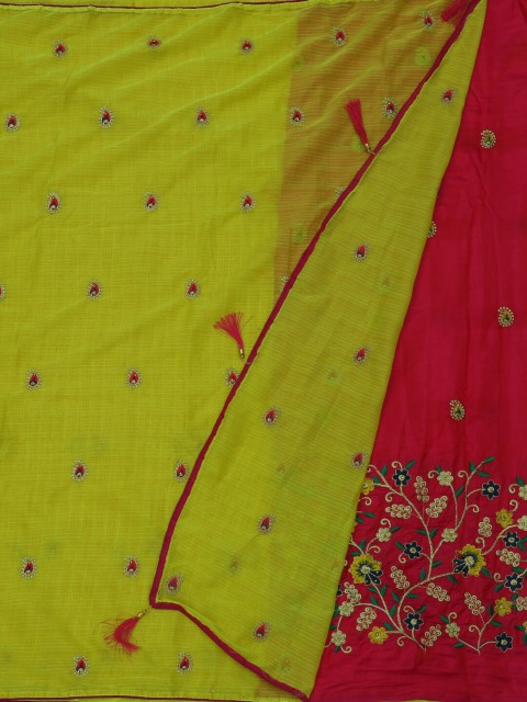 

Pothys Lime Green & Red Poly Georgette Embroidered Saree