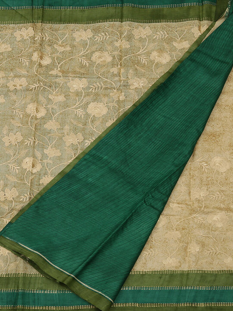

Pothys Cream-Coloured & Green Jute Silk Printed Saree