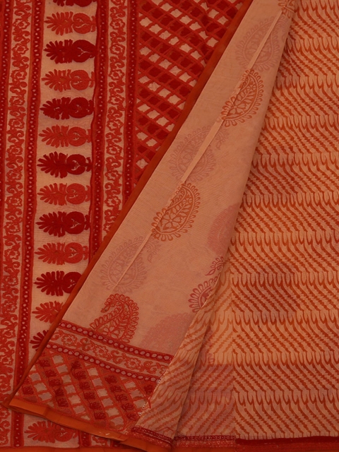

Pothys Peach-Coloured & Red Manipuri Cotton Supernet Embroidered Saree
