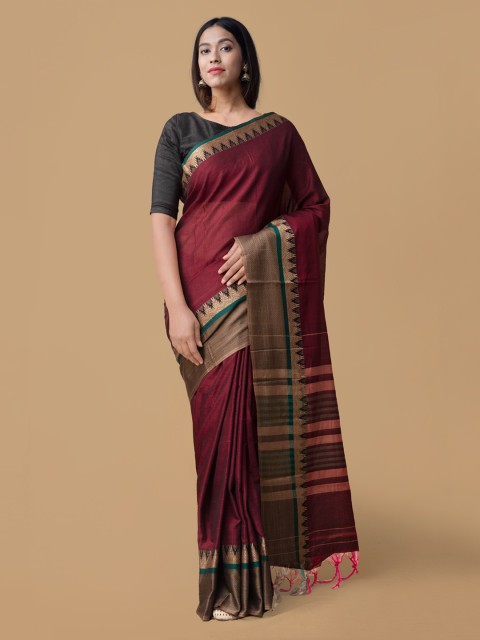 

Unnati Silks Maroon Pure Cotton Solid Narayan Peth Saree