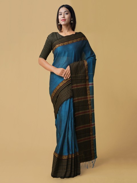 

Unnati Silks Blue & Black Pure Cotton Woven Design Narayan Peth Saree