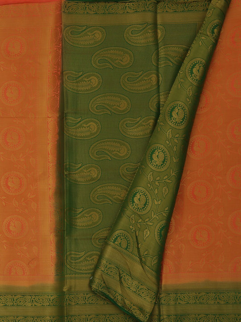 

Pothys Peach-Coloured & Green Jute Silk Woven Design Saree