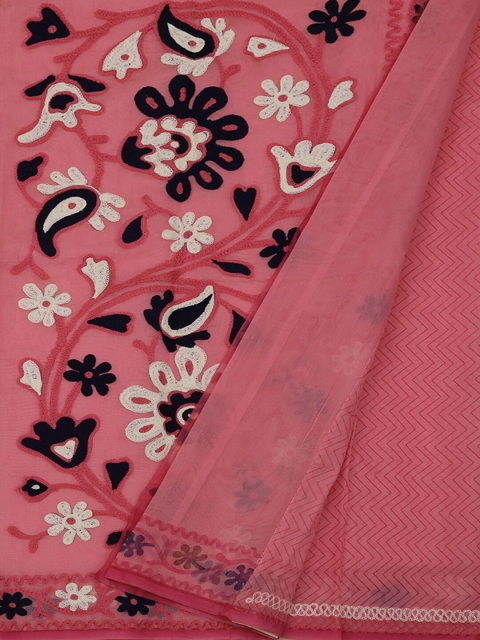 

Pothys Pink & Black Manipuri Cotton Supernet Embroidered Saree