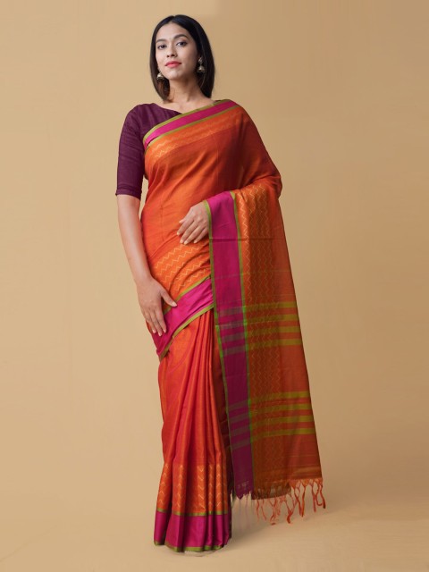 

Unnati Silks Orange Pure Cotton Striped Narayan Peth Saree