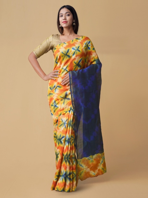 

Unnati Silks Orange & Navy Blue Silk Cotton Printed Chanderi Handloom Saree