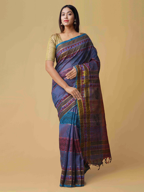 

Unnati Silks Blue & Purple Silk Cotton Printed Uppada Saree