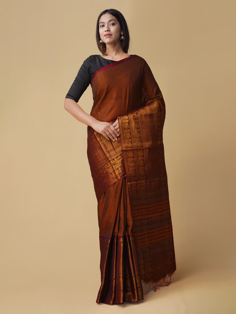 

Unnati Silks Brown Pure Cotton Striped Venkatgiri Handloom Saree
