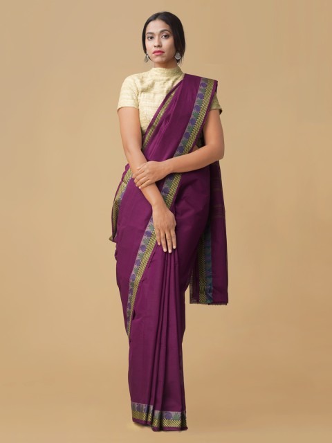 

Unnati Silks Purple Pure Cotton Solid Handloom Chettinad Saree
