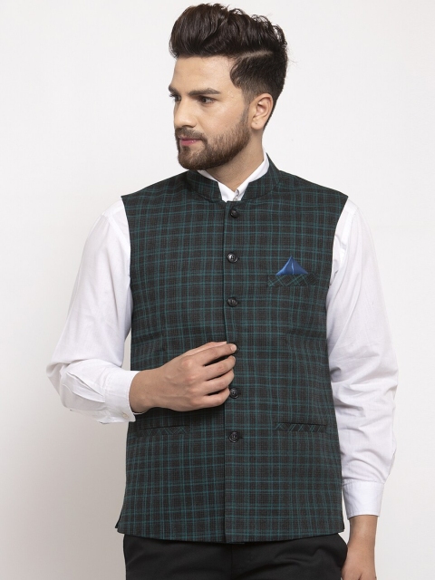 

NEUDIS Men Green & Brown Checked Woven Nehru Jacket