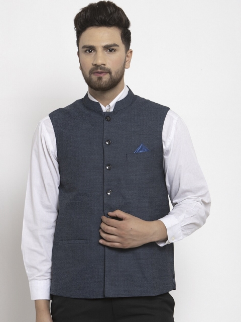 

NEUDIS Men Navy Blue Solid Woven Nehru Jacket