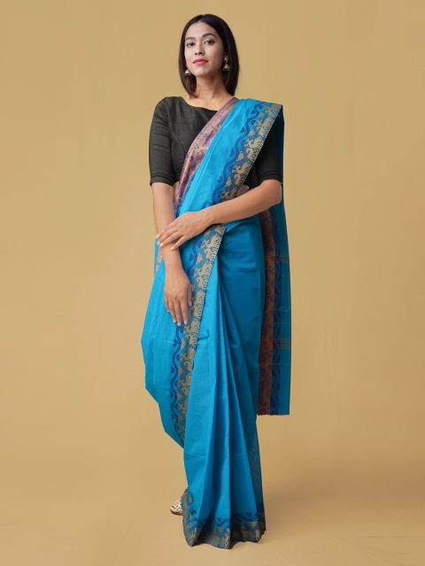 

Unnati Silks Blue Pure Cotton Solid Kanjeevaram Saree