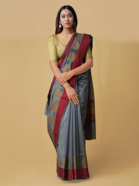 

Unnati Silks Grey & Maroon Silk Cotton Solid Kanjeevaram Saree
