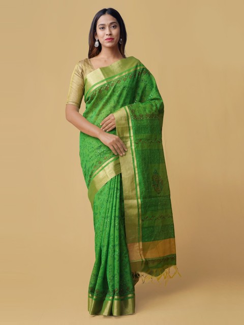 

Unnati Silks Green & Gold-Coloured Silk Cotton Woven Design Handloom Chanderi Saree