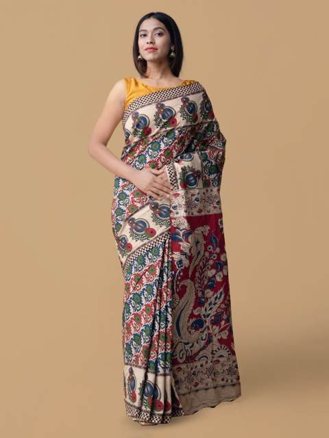 

Unnati Silks Cream-Coloured & Red Pure Cotton Printed Saree