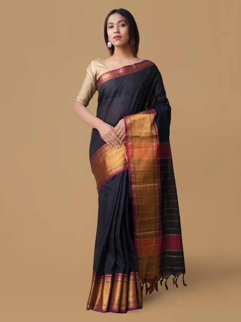 

Unnati Silks Black Pure Cotton Solid Handloom Narayan Peth Saree