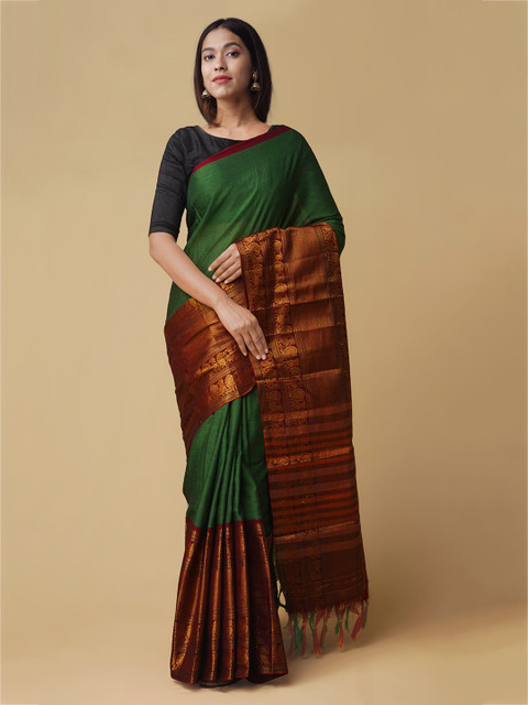

Unnati Silks Green Pure Cotton Solid Handloom Venkatgiri Saree