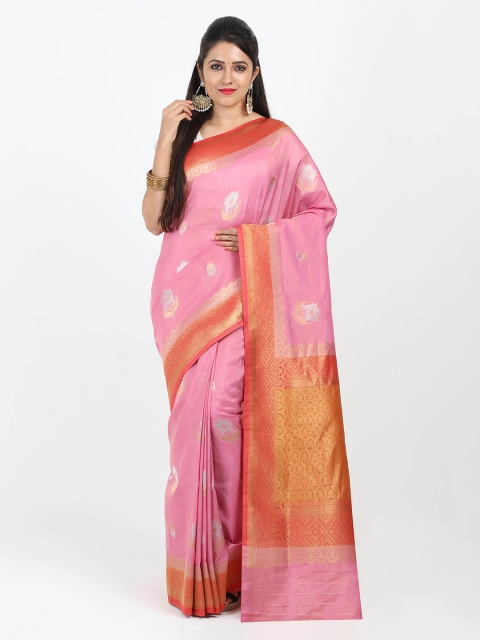 

SABOO COLLECTIONS Pink & Gold-Toned Woven Design Banarasi Saree