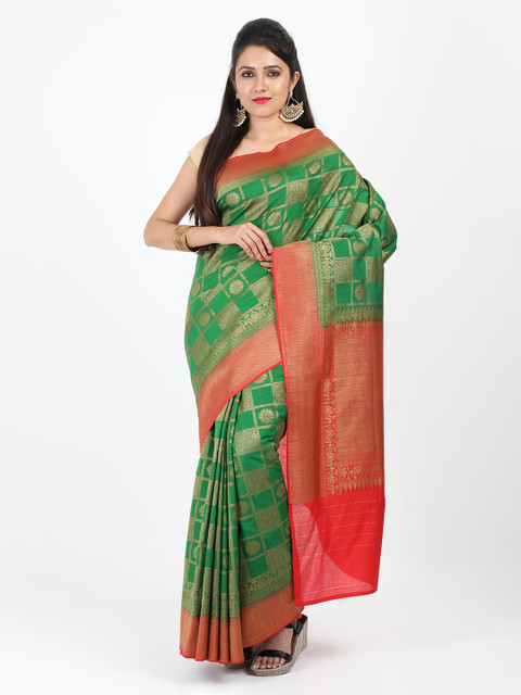 

SABOO COLLECTIONS Green & Red Checked Banarasi Saree