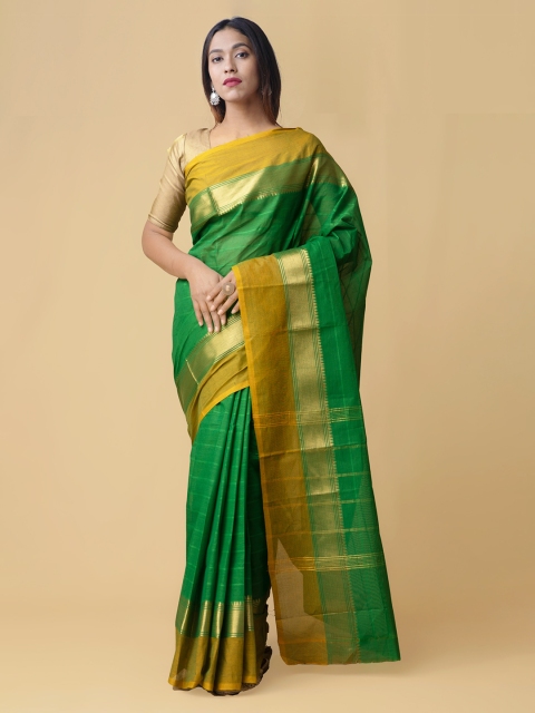 Unnati Silks Green Pure Cotton Striped Kanjeevaram Handloom Saree