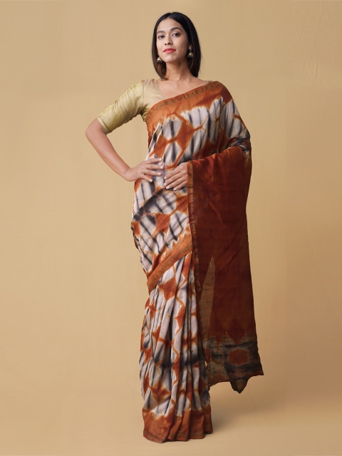 

Unnati Silks Brown & Off-White Silk Cotton Printed Handloom Chanderi Saree