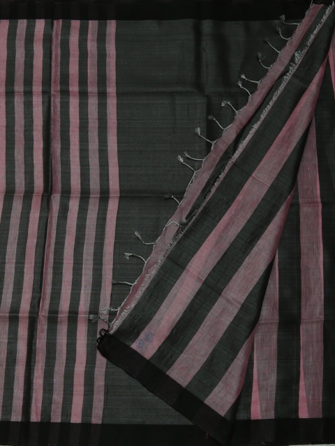 

Pothys Pink & Black Pure Linen Striped Saree