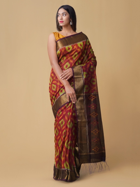 

Unnati Silks Red Silk Cotton Printed Pochampally Saree