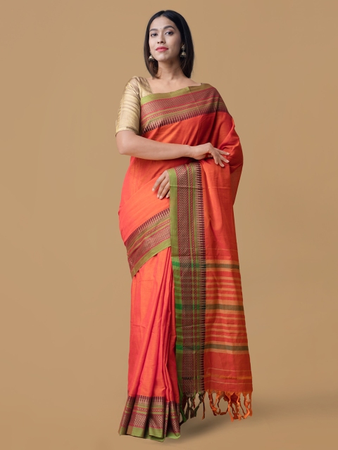 

Unnati Silks Orange Pure Cotton Solid Handloom Narayan Peth Saree
