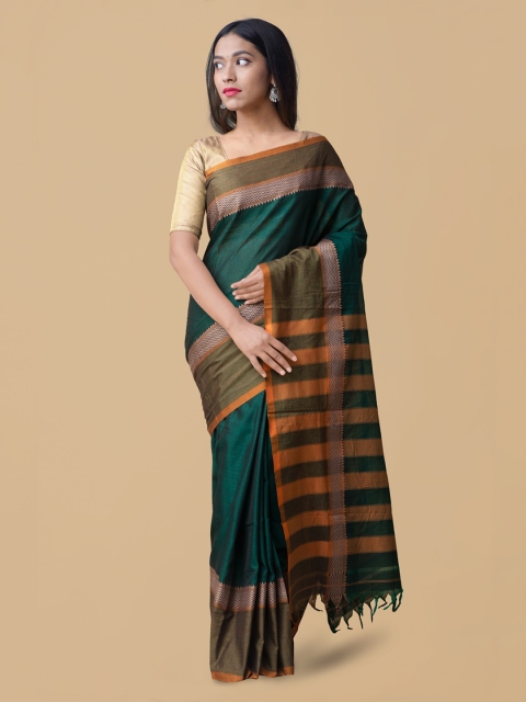 

Unnati Silks Green & Yellow Pure Cotton Striped Narayan Peth Saree