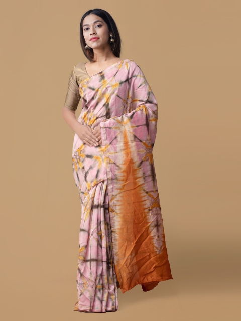 

Unnati Silks Pink & Orange Silk Cotton Printed Chanderi Saree