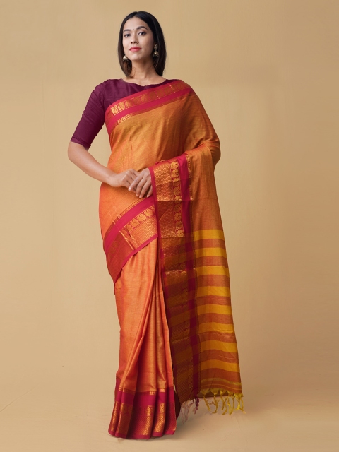 

Unnati Silks Orange & Red Pure Cotton Striped Handloom Venkatgiri Saree