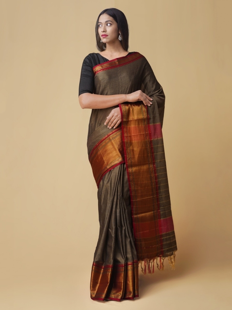 

Unnati Silks Grey & Gold-Coloured Pure Cotton Woven Design Narayan Peth Saree
