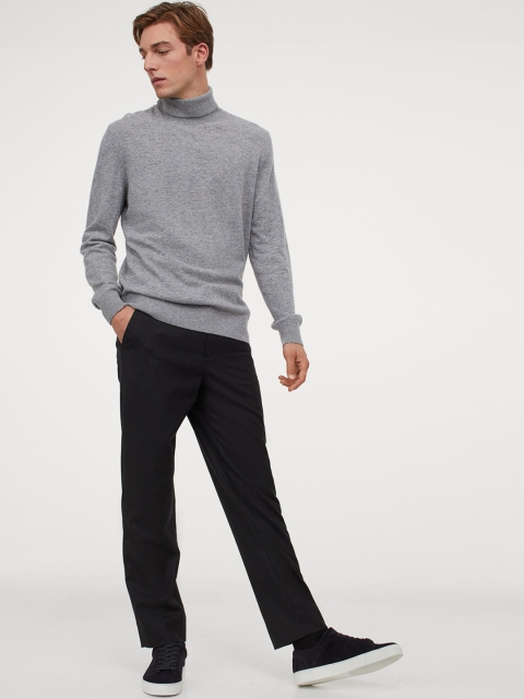 

H&M Men Grey Solid Merino Wool Polo-Neck Jumper