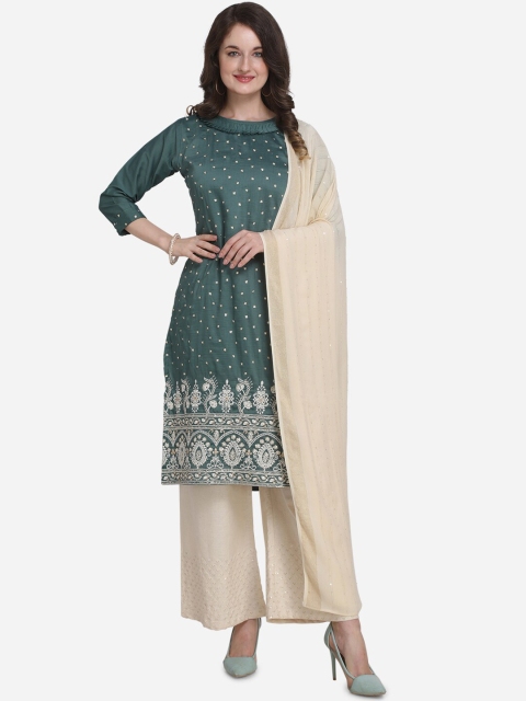 

Kvsfab Green & Beige Silk Blend Unstitched Dress Material