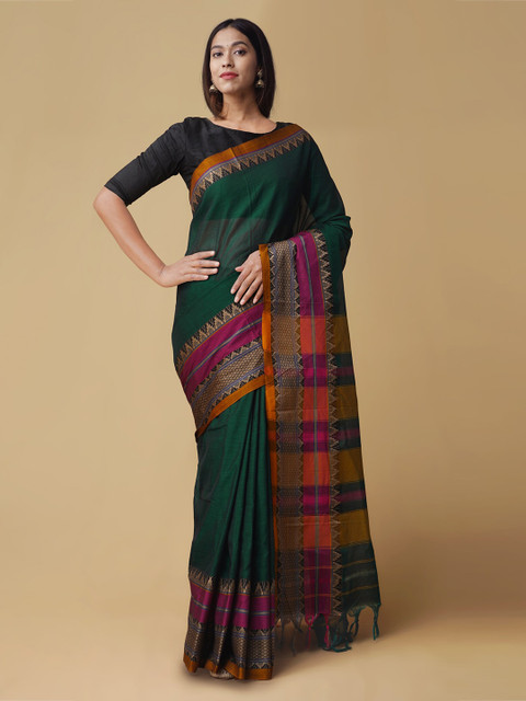 

Unnati Silks Green Pure Cotton Solid Handloom Narayan Peth Saree