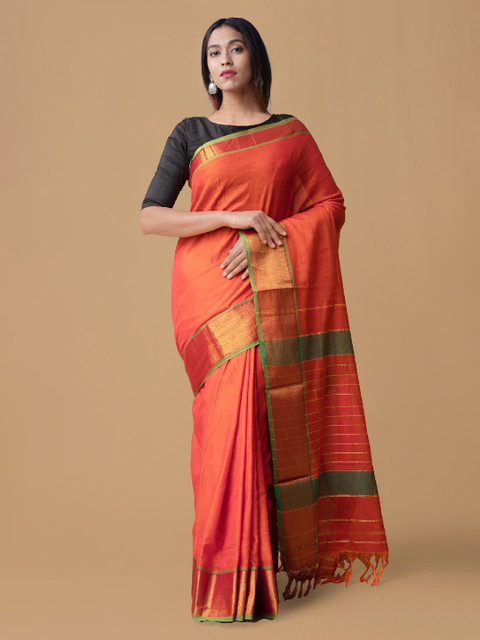 

Unnati Silks Orange Solid Handloom Venkatgiri Saree